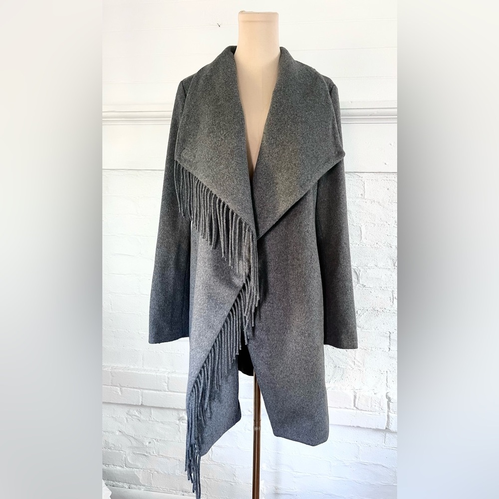 Lauren Ralph Lauren Fringe Wrap Coat Heather Gray Wool Blend Mid Length Size 6 - Picture 9 of 14